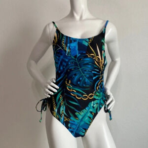 Tropical Print One Piece Ruched Sides Swimsuit Size Large